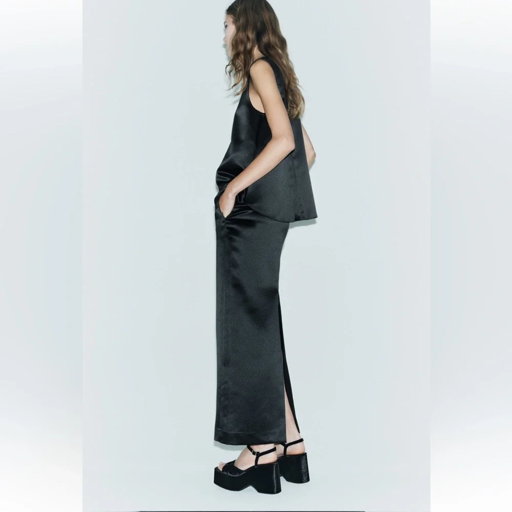 Zara Black Satin Effect high waist Midi Skirt Back Slit Limited Edition XS NWT